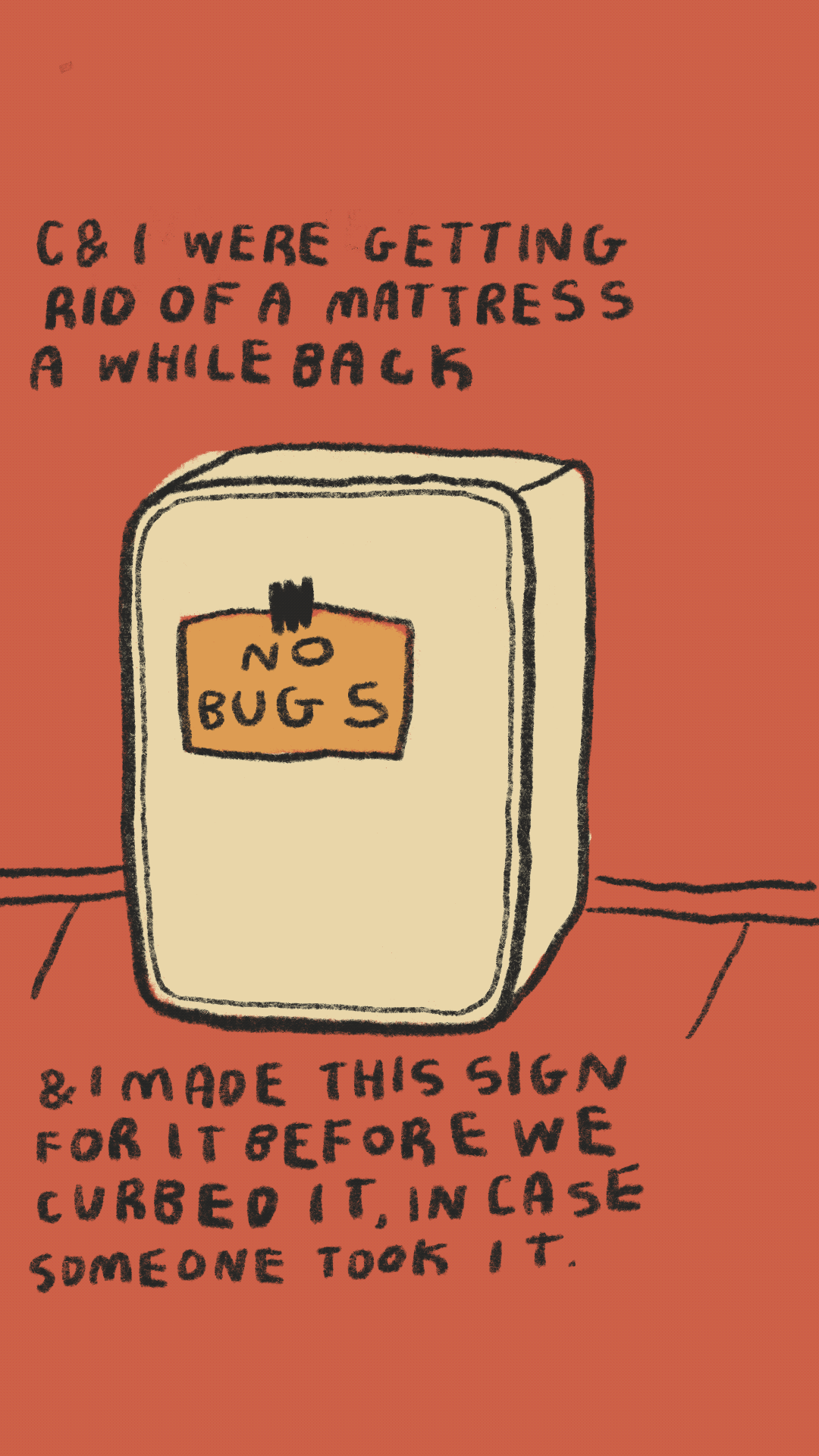 C and I were getting rid of a mattress a while back and I made a 'No Bugs' sign for it before we curbed it, in case someone took it.