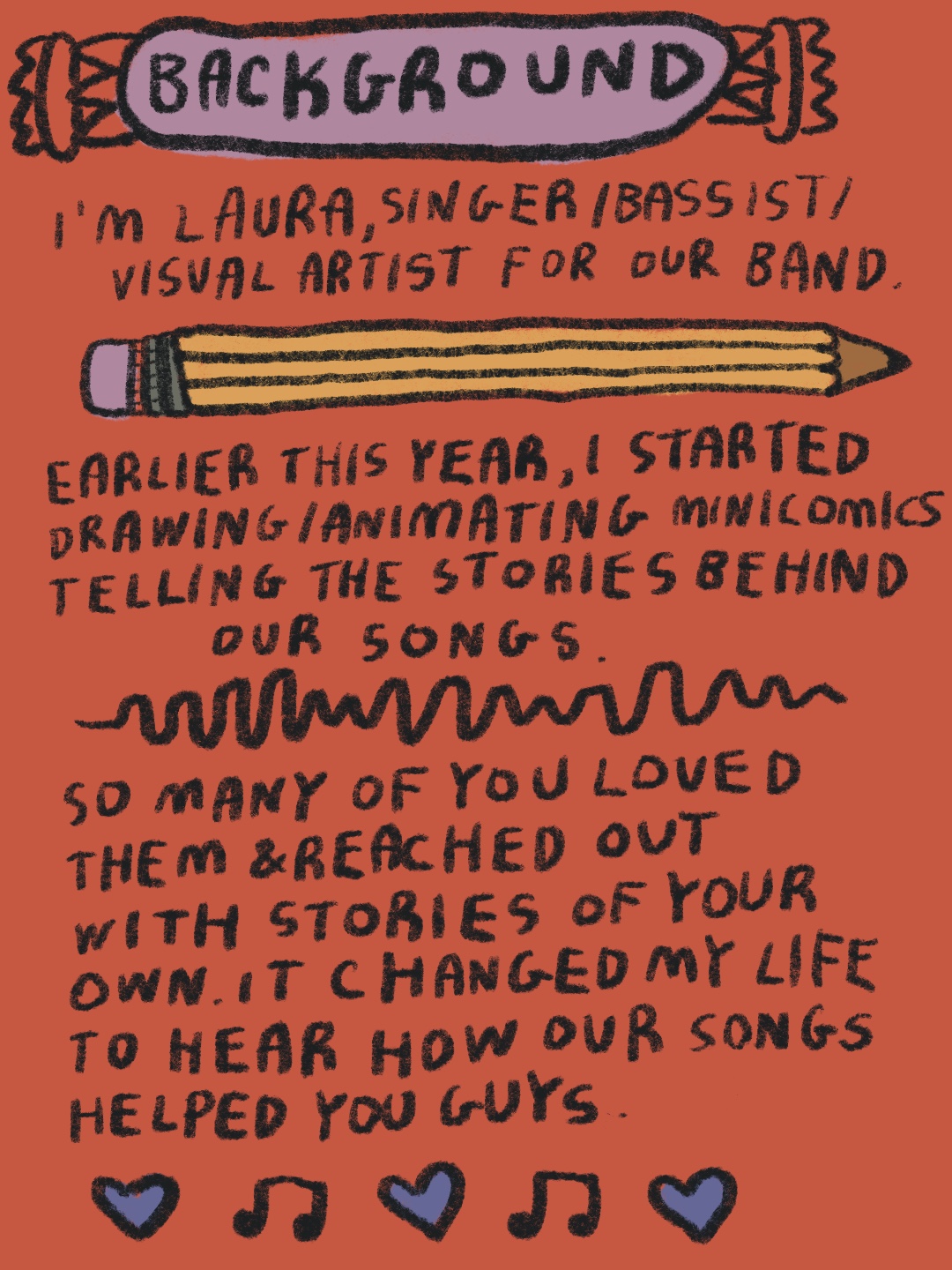 Background: I'm Laura, singer/basist/visual artist for our band. Earlier this year, I started drawing/animating mini-comics telling the stories behind our songs. So many of you loved them and reached out with stories of your own. It changed my life to hear how our songs helped you guys.